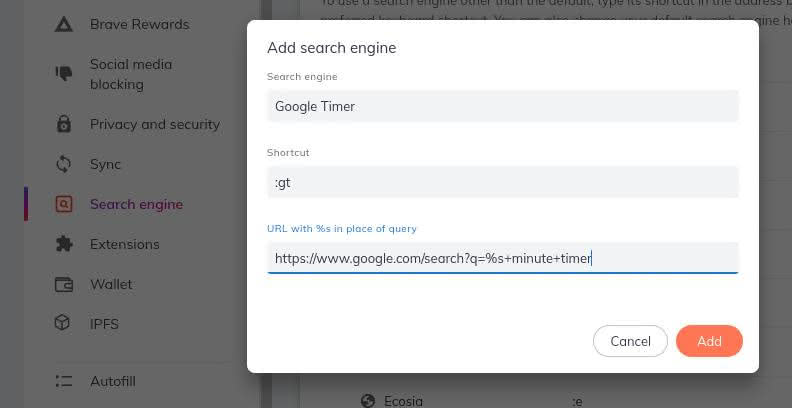 Creating a special search shortcut for "X minute timer" in Google Search using the Brave web browser.
