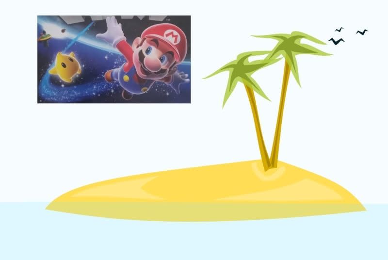 A clip from the cover of Super Mario Galaxy imposed on an Openclipart image of a tropical island.
