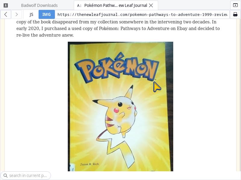 Pokémon-themed cursor hovering over photograph of Pokémon: Pathways to Adventure.