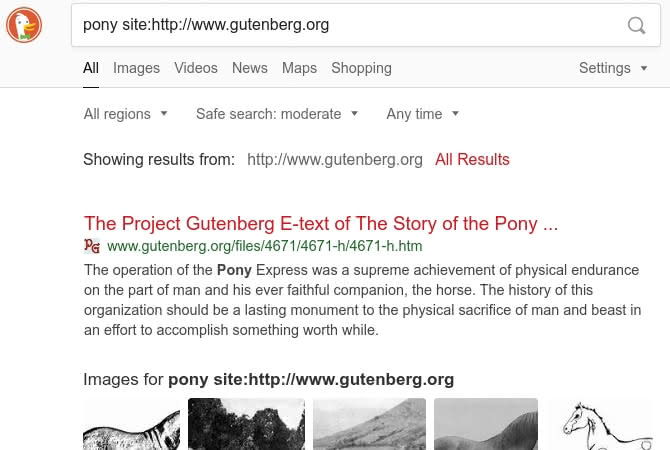 A DuckDuckGo search of Project Gutenberg for the term pony.