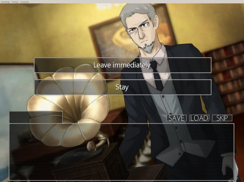 A choice to "leave" or "stay" in Return to Shiroganasu Island. The image behind the choice text is a stern looking butler next to a phonograph.