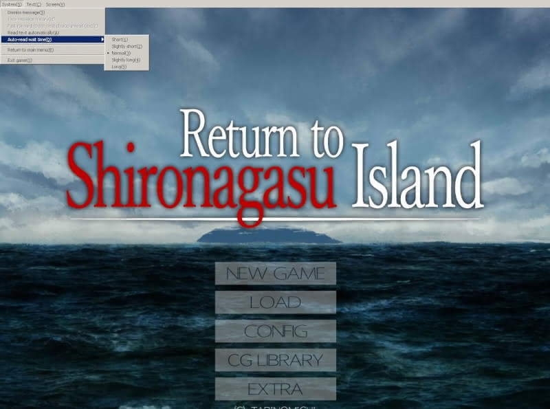 Title screen for Returnto Shiroganasu Island after completing the game. The background is a blue sky, ocean, and an island off in the distance. The logo sits above the title options.