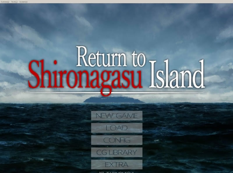 Title screen for Returnto Shiroganasu Island after completing the game. The background is a blue sky, ocean, and an island off in the distance. The logo sits above the title options.