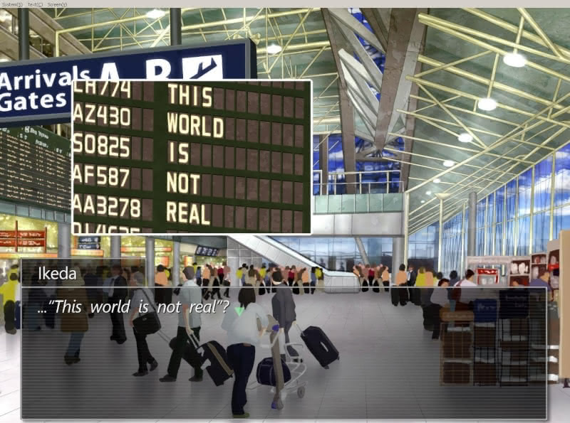 The airport sign at JFK airport reads "THIS WORLD IS NOT REAL" in the first scene of Return to Shiroganasu Island.