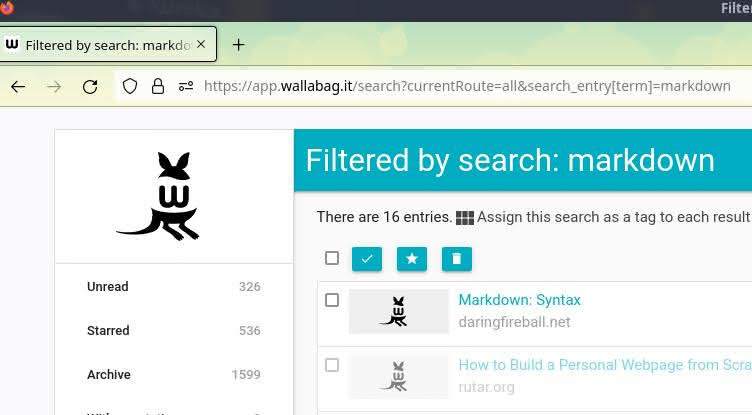 Screenshot of a Wallabag account and archive in the Firefox web browser.