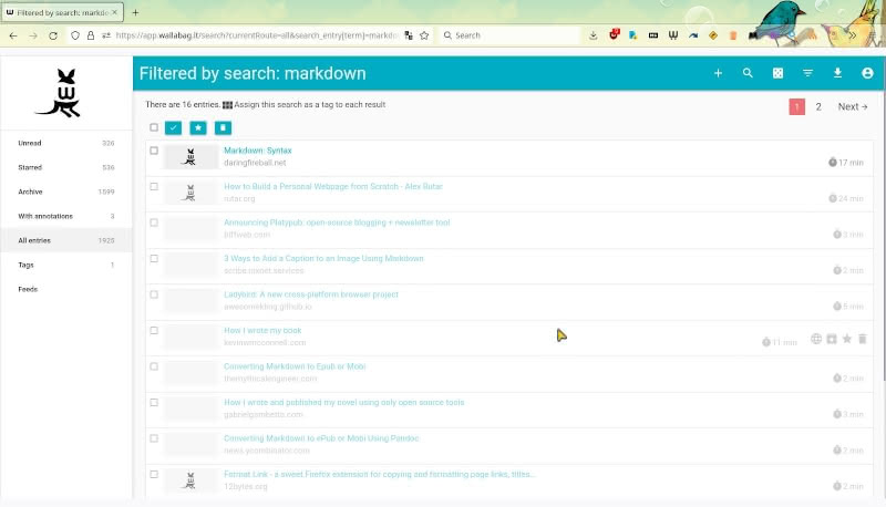 Screenshot of Wallabag archive with the user searching for saved articles with the word "markdown"