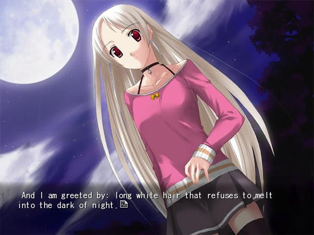 Kouya describes Mikoto as having "long white hair that refuses to melt into the dark of night" in the Red Shift visual novel.