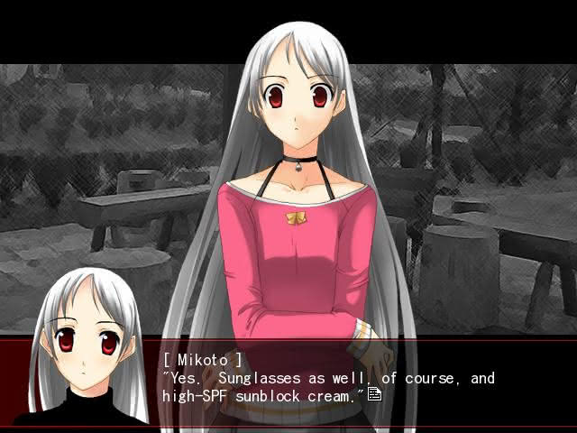 Mikoto, an albino character, describes how she protects her skin in the daylight in the Red Shift visual novel.