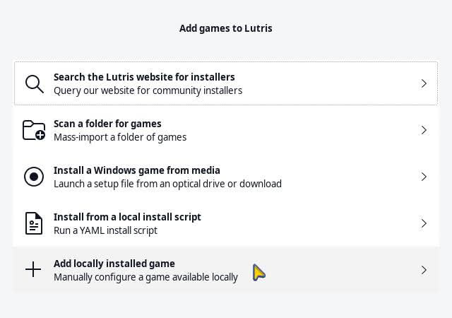 Menu for adding a locally installed game to Lutris.