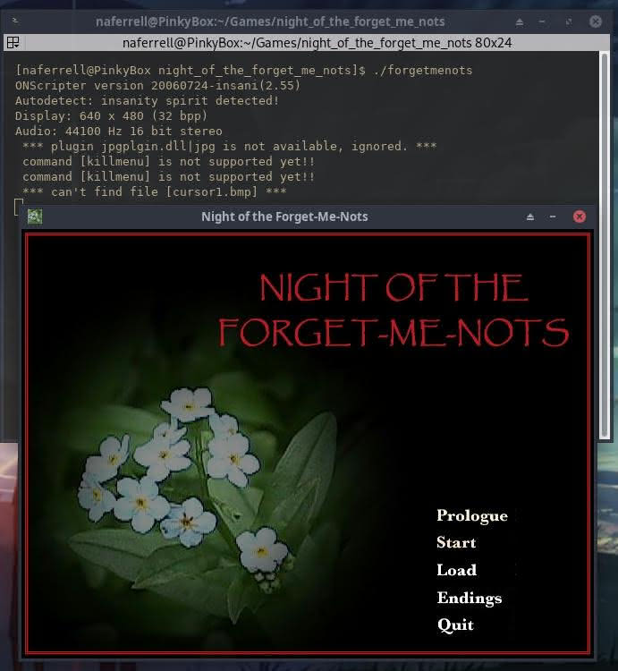 CLI output for executing Night of the Forget-Me-Nots visual novel on Linux.