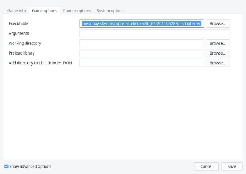 Designating ONScripter-EN executable for May Sky in Lutris.