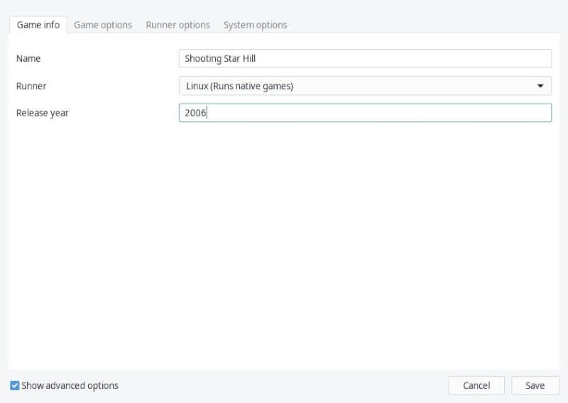 Creating Lutris launcher for Shooting Star Hill visual novel on Linux system.