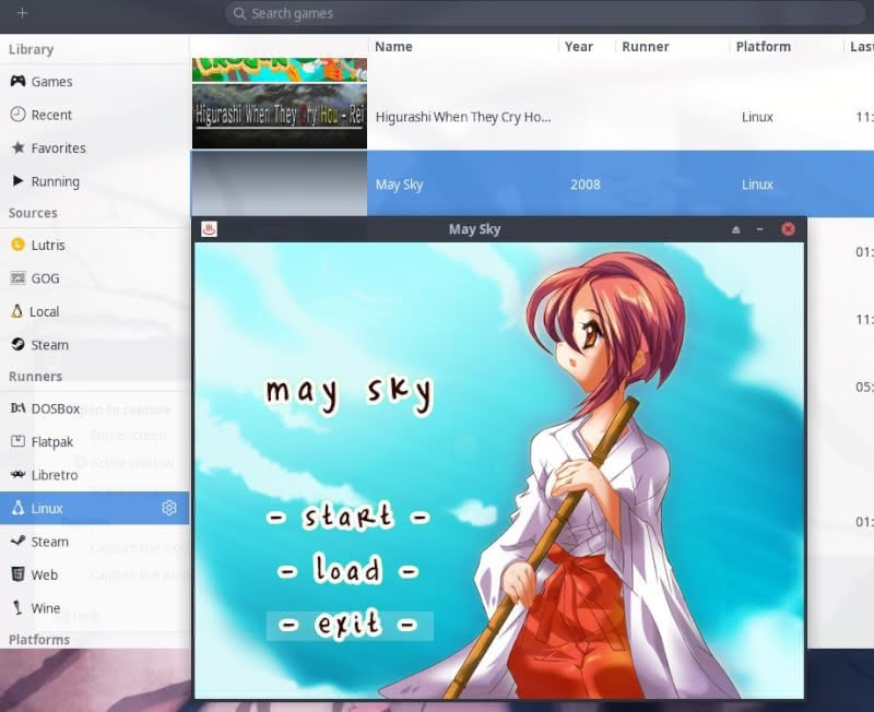 Launching native Linux version of May Sky visual novel from Lutris.