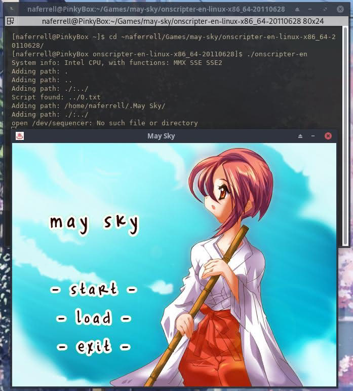 Running May Sky visual novel natively on Linux after starting with Windows .exe.