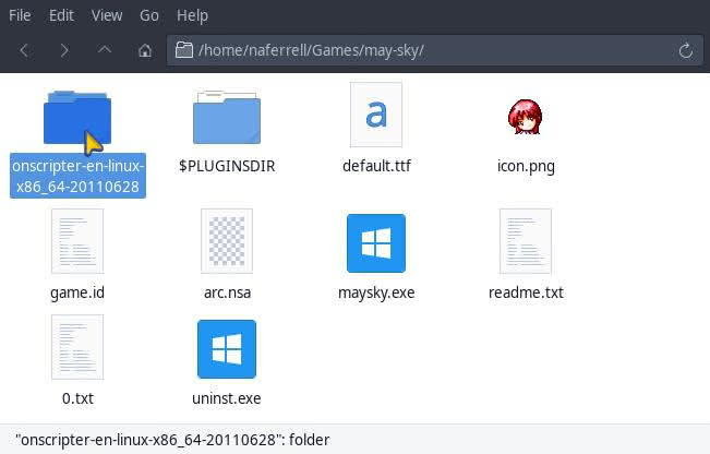 May Sky directory on Linux after extract from .exe with additional ONScripter-EN directory.