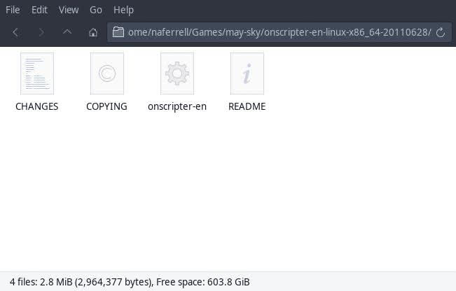 ONScripter-EN folder inside May Sky directory on Linux.