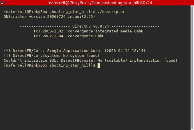 Linux CLI output after failing to execute onscripter due to segfault in Shooting Star Hill visual novel directory.