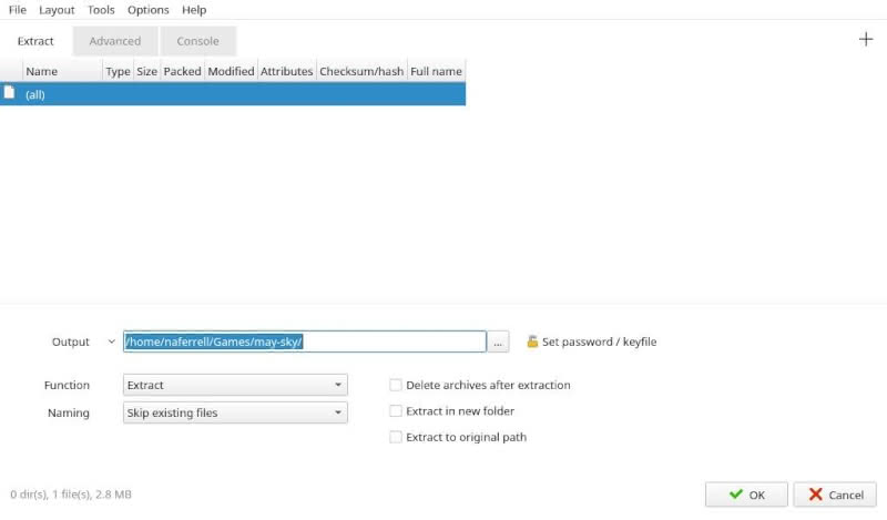 Using PeaZip to extract ONScripter-En tar into May Sky game directory.