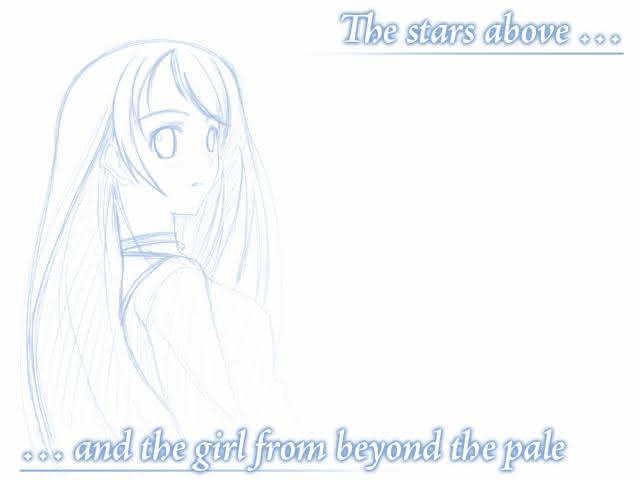 A chapter card depicting an outline sketch of Mikoto in the Red Shift visual novel.