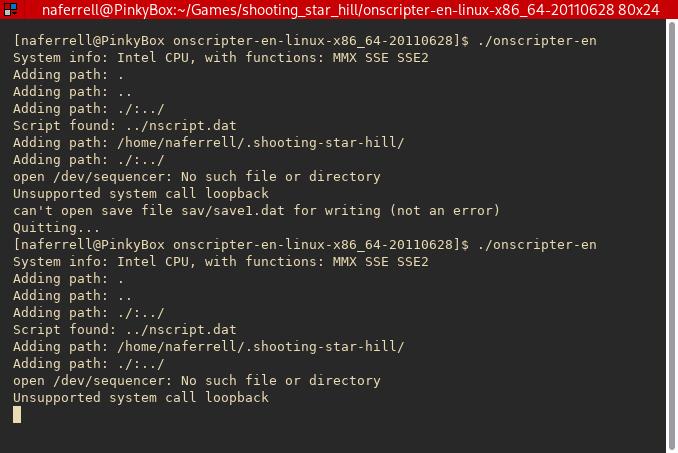 Linux terminal output for starting and quitting Shooting Star Hill.