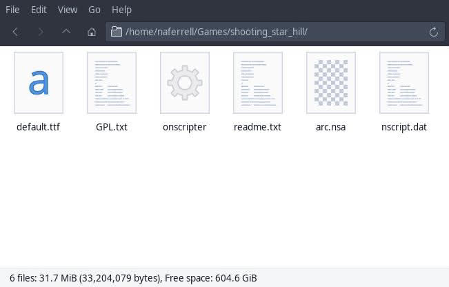 Linux directory for ONScripter-EN visual novel Shooting Star Hill after the game was first downloaded and extracted.