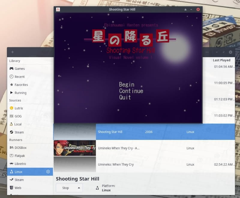Running Linux version of Shooting Star Hill visual novel with Lutris.