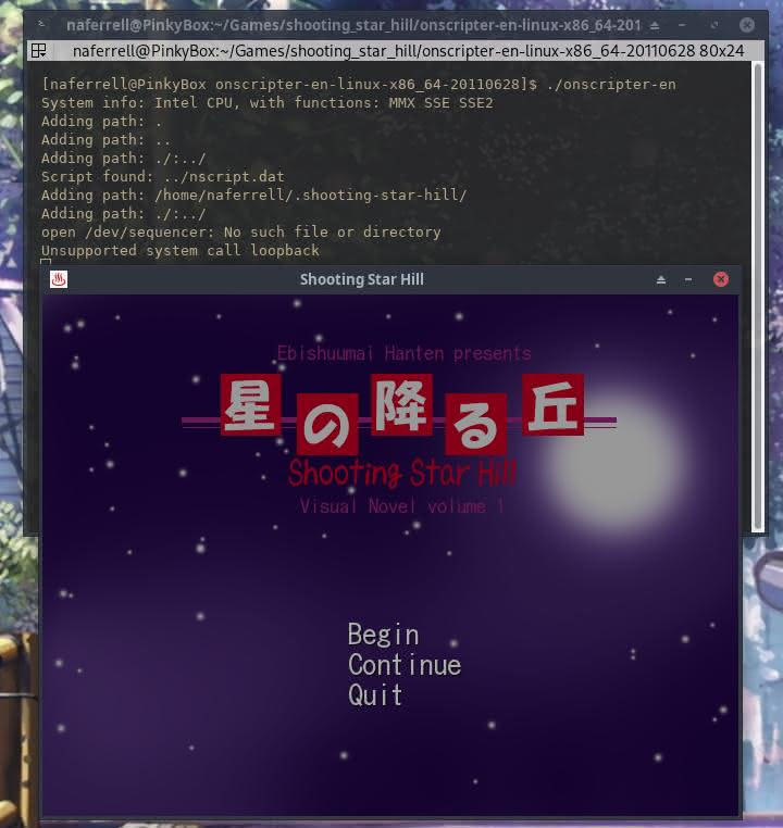 Launching the Linux version of the Shooting Star Hill visual novel from the terminal by running onscripter-en.