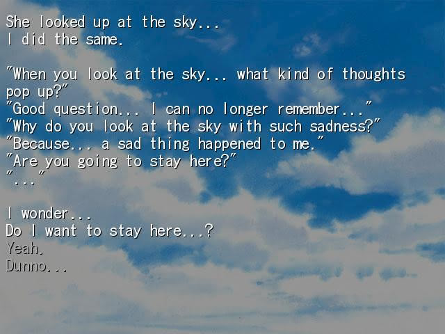 Player confronted with the first choice in the Wanderers in the Sky visual novel.