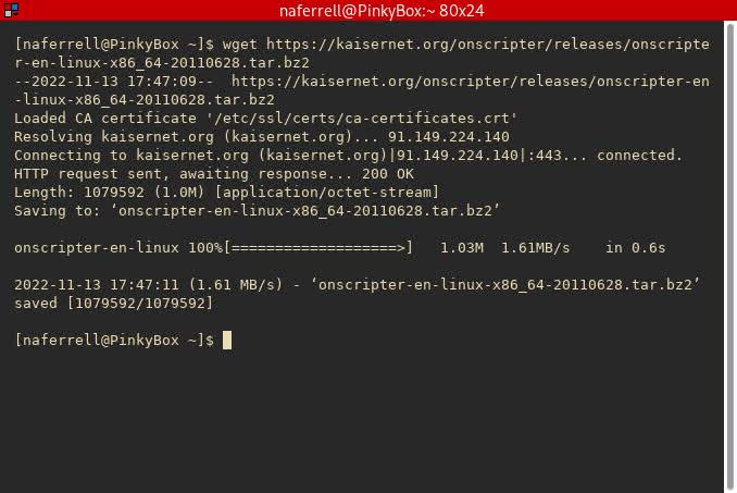 Using wget to download ONScripter-En from Kaisernet onto a Linux system.