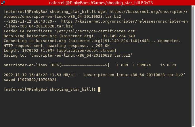 Using wget to download newest onscripter-en version tar file into Shooting Star Hill visual novel directory.