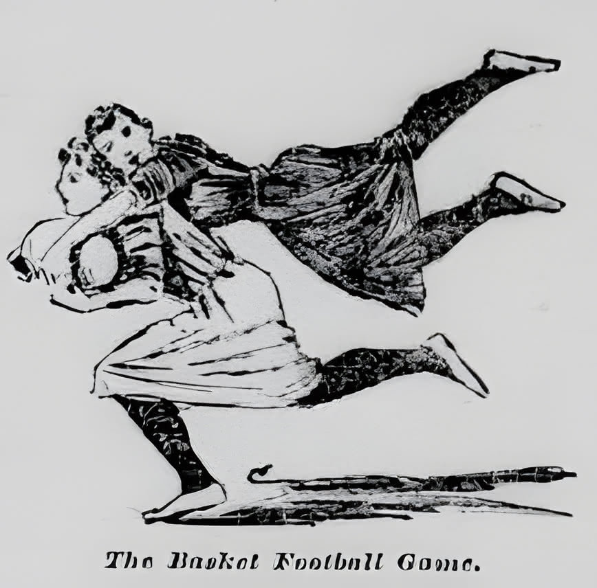 Illustration of women playing some combination of basketball and football in an 1892 San Francisco newspaper, The Morning Call.