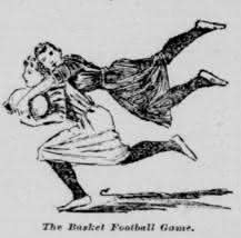 Illustration of women playing some combination of basketball and football in an 1892 San Francisco newspaper.