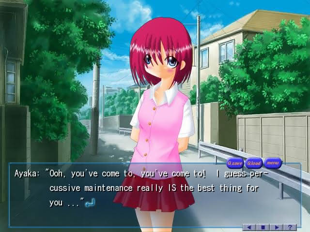 Ayaka discussing the virtues of her violence in the At Summer's End visual novel.
