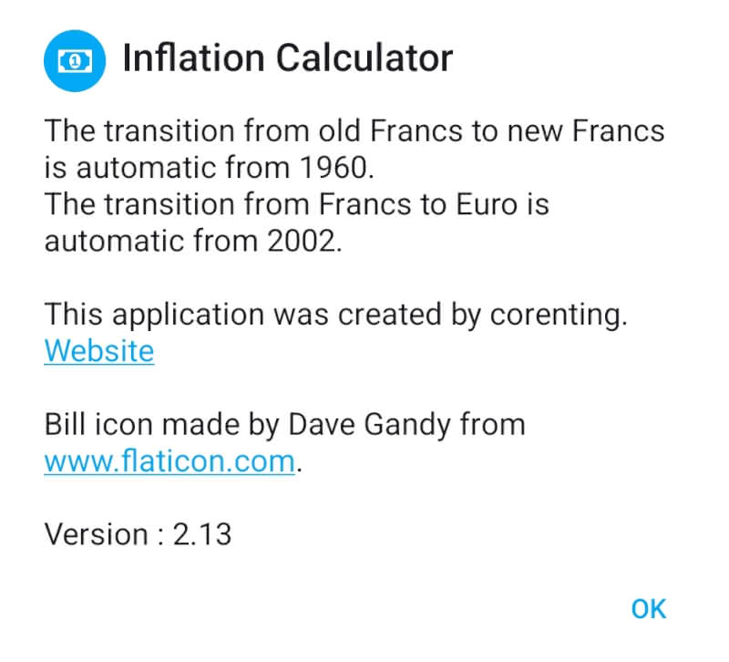 FOSS Inflation Calculator for Android explanation on how it handles old Francs, Francs, and Euros.