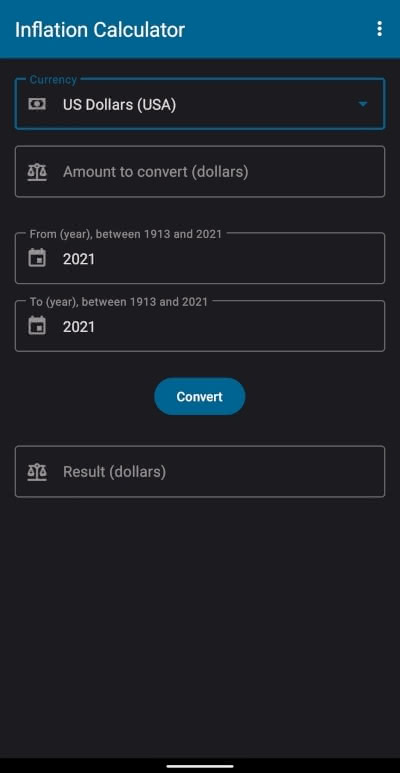 FOSS Inflation Calculator app for Android (dark mode)
