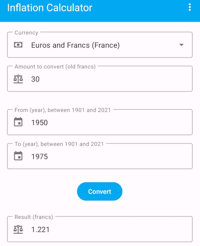 FOSS Inflation Calculator for Android converts old Francs in 1950 to Francs in 1975.