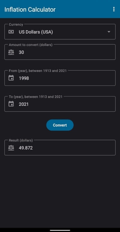 FOSS Inflation Calculator app for Android shows what $30 in 1998 is in 2021 terms.