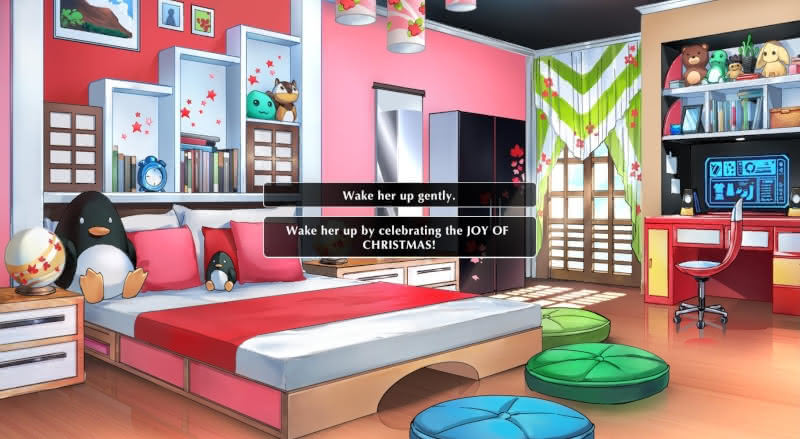 Scene in the Kaori After Story visual novel where the player must choose between two ways of waking up his loving 2D girlfriend, Kaori Itami.