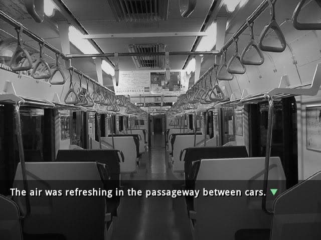 Empty train car aisle in Soremata visual novel.
