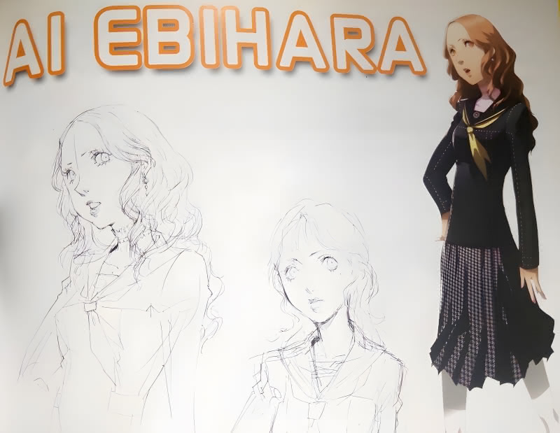 Page of the original Persona 4 artbook featuring Ai Ebihara. The page features two concept sketches of Ai, her final portrait, and her in-game head shots.