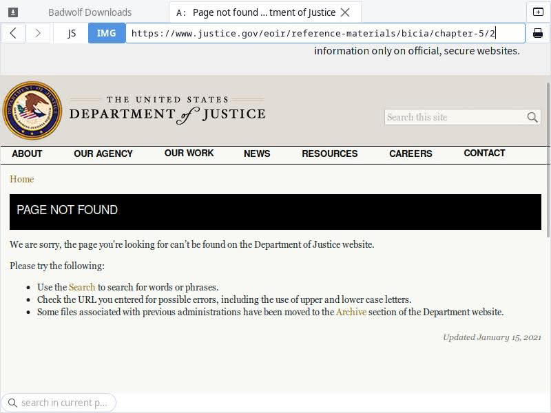 Screenshot of a 404 error page in the U.S. Department of Justice's Immigration Court Practice Manual, taken from the Badwolf web browser.