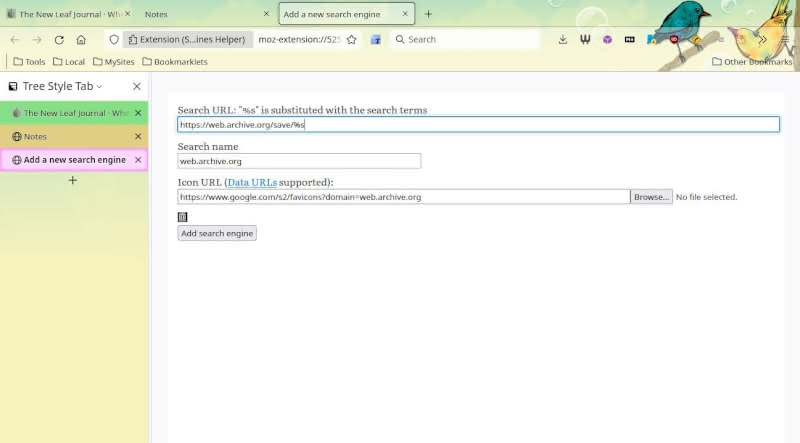 Adding Wayback Machine Archiver GET URL to Firefox using the Search Engine Helper plugin.