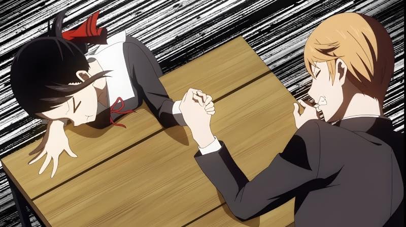 Kaguya and Shirogane arm-wrestling in the first episode of the third season of  Kaguya-sama: Love Is War - Ultra Romantic Details.