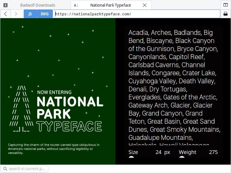 Home page for the National Park Typeface project seen in the Badwolf web browser.