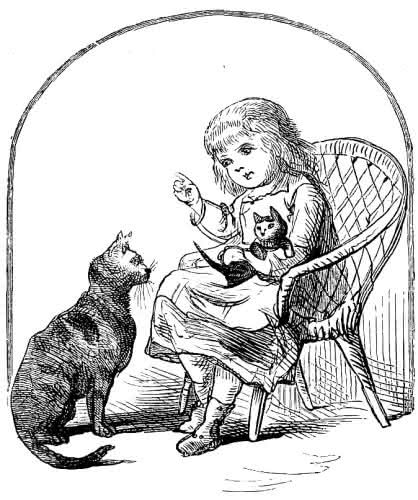Original illustration for a poem called "Noses Out of Joint" in the January 27, 1880 issue of Harper's Young People. We see a young girl sitting on a chair with a kitten scolding an older cat who is demanding her attention.