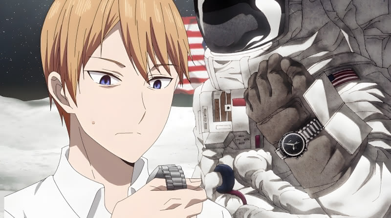 Shirogane holds a space watch in episode 8 of the third season of Kaguya-sama: Love Is War - Ultra Romantic with an astronaut wearing the same watch on the Moon in the background.