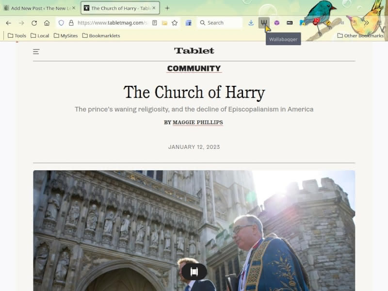 Cursor hovering over Wallabagger extension icon while open to article from Tablet Magazine.