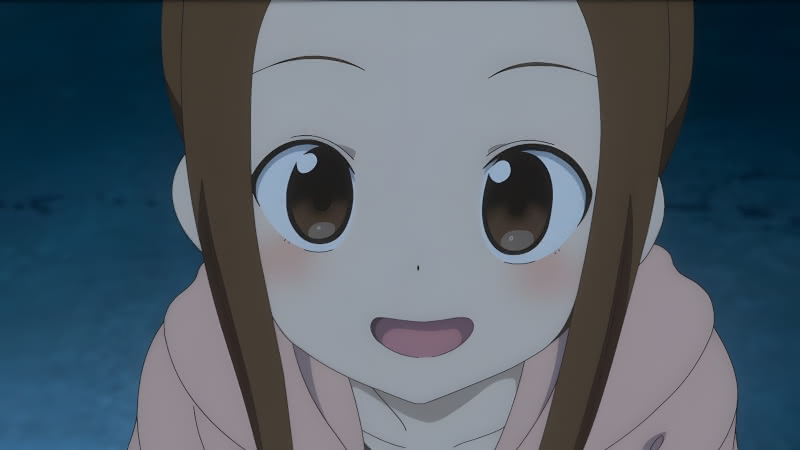 A close-up of Takagi-san's face in episode four of the third season of Teasing Master Takagi-san.