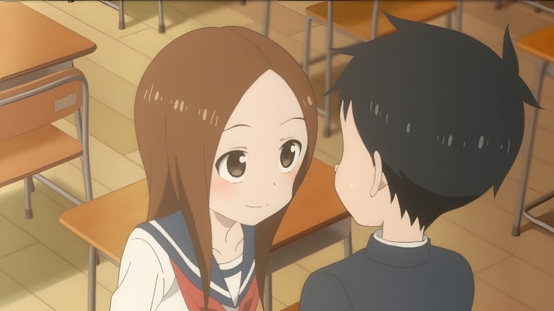 Takagi staring deeply into Nishikata's eyes in episode 7 of Teasing Master Takagi-san's third season.