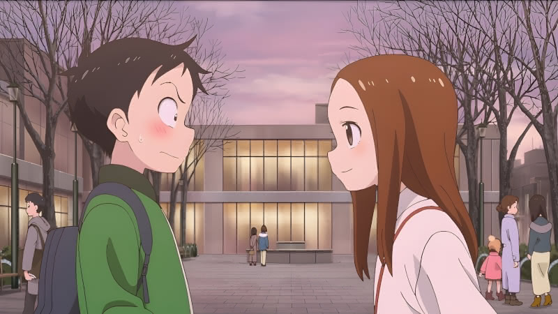 Takagi makes Nishikata blush in episode 9 of the third season of Teasing Master Takagi-san.